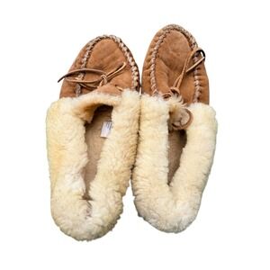 LL Bean Wicked Good Suede Shearling Moccasin Slippers Brown Womens 10 Medium